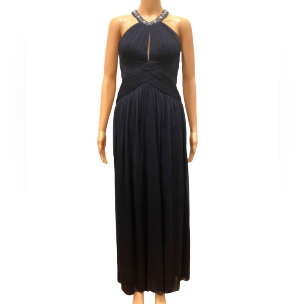 Xscape navy evening‎ gown with wrap details and sequin high neck